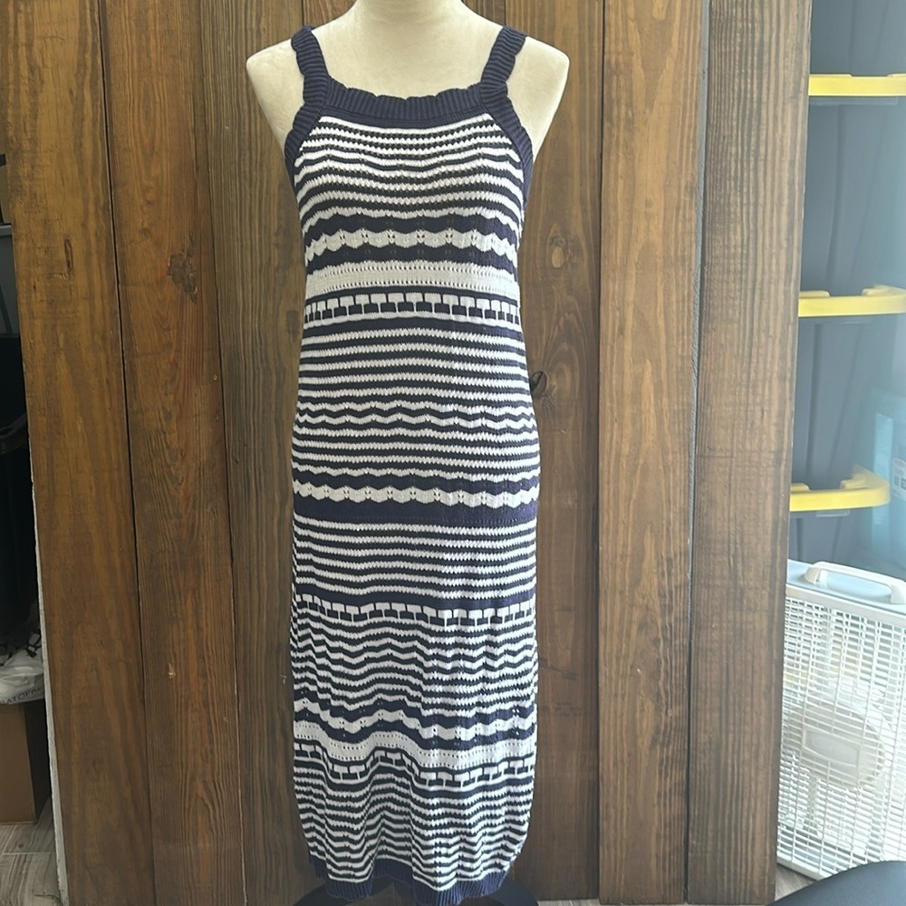 Joie Dress Women's White Blue Striped Crochet Knit Sleeveless Maxi